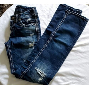 Silver Aiko Baby Boot Jeans Size 25X33 Heavy Stitch Destroyed Ripped Stretch